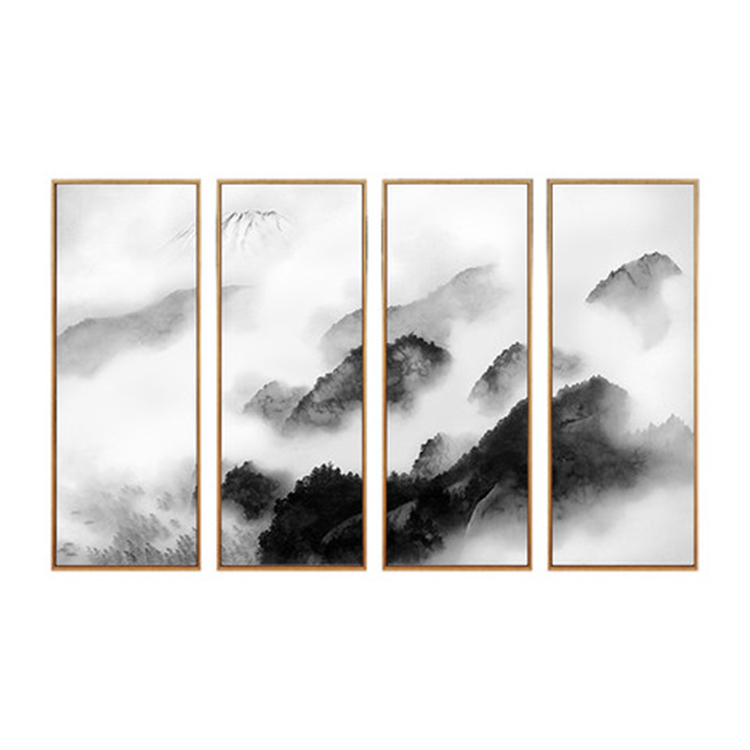 新中式水墨装饰画禅意黑白云雾山水挂画现代中式四联画四条屏壁画